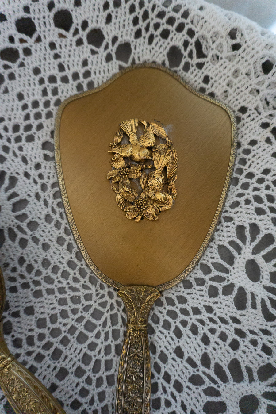 Vintage Brass Hand Mirror and Brush