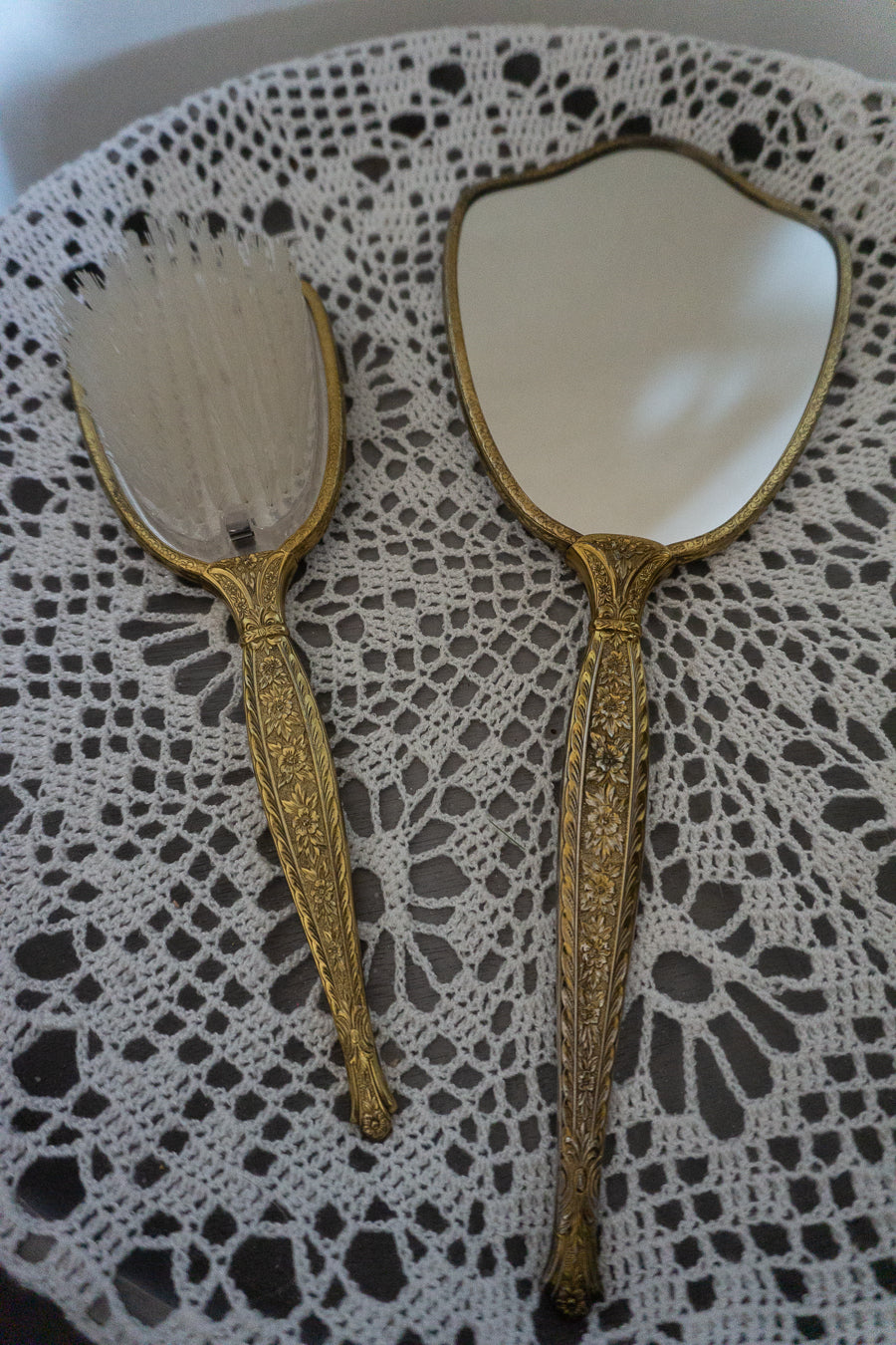 Vintage Brass Hand Mirror and Brush