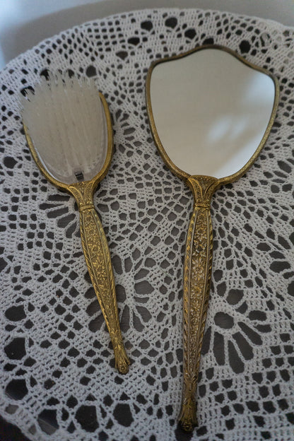 Vintage Brass Hand Mirror and Brush