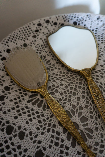Vintage Brass Hand Mirror and Brush