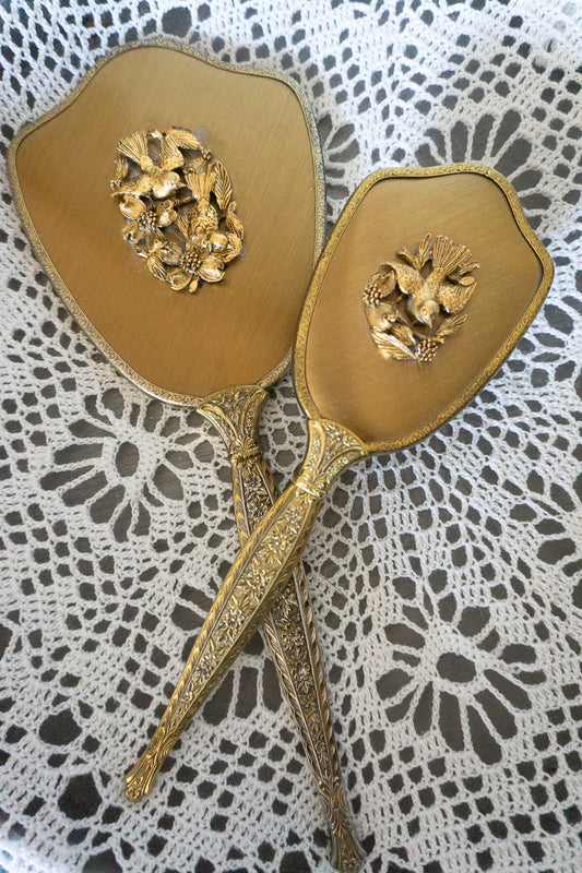 Vintage Brass Hand Mirror and Brush