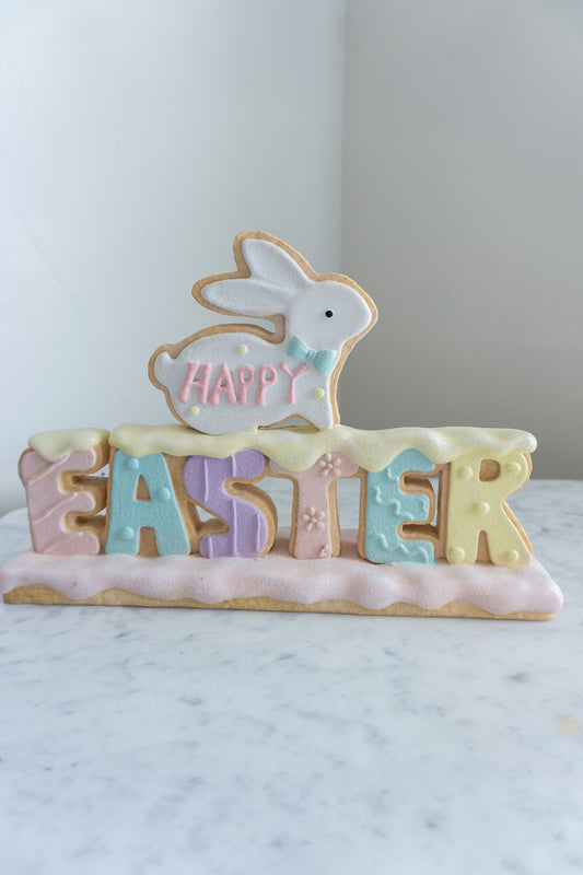Pastel Easter Cookie Sign with Bunny – Happy Easter Spring Table Decor