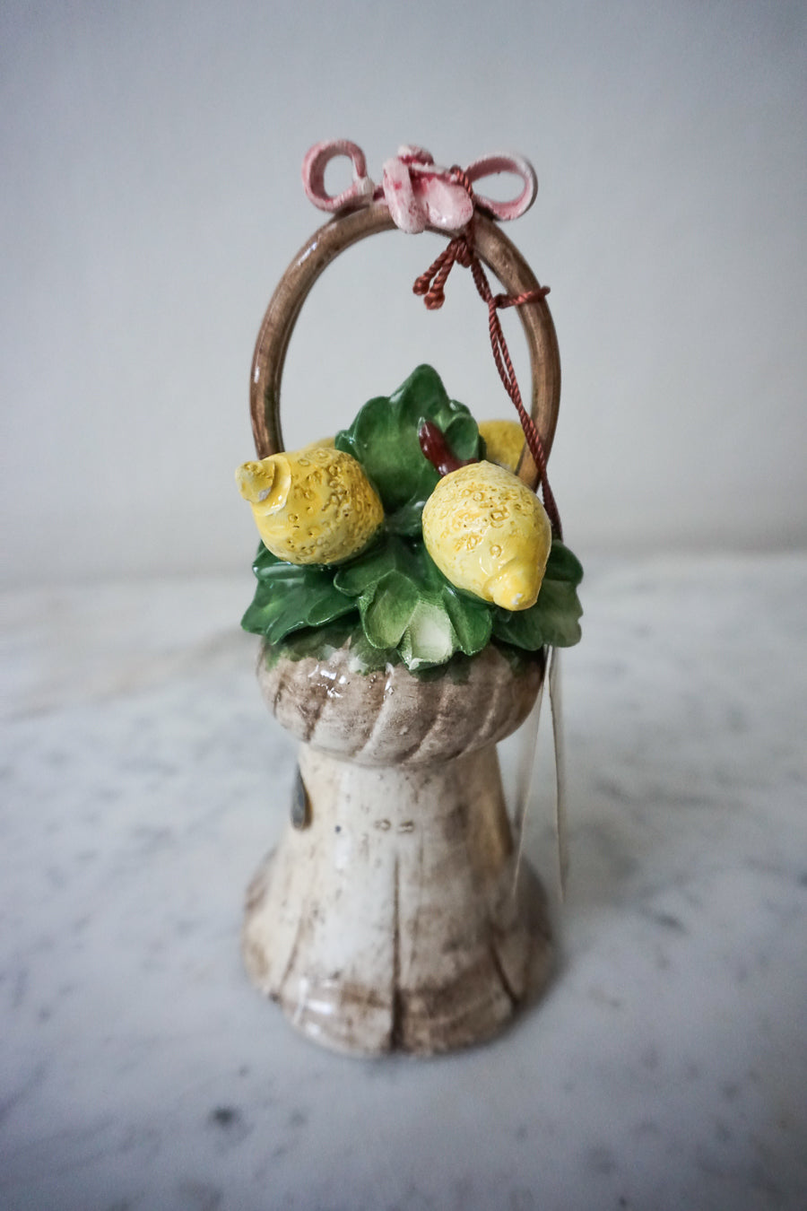 Capodimonte Ceramic Bell - Hand-Painted Lemon Basket with Pink Ribbon Bow