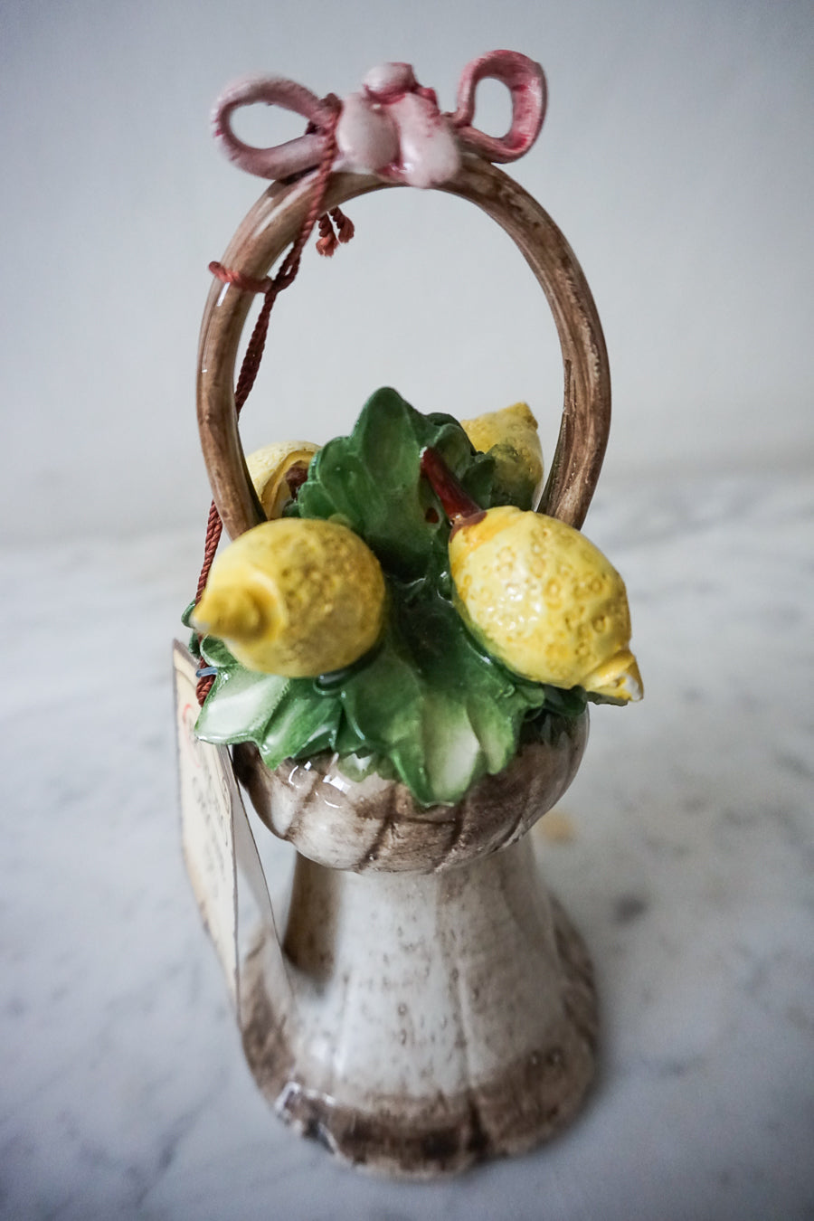 Capodimonte Ceramic Bell - Hand-Painted Lemon Basket with Pink Ribbon Bow