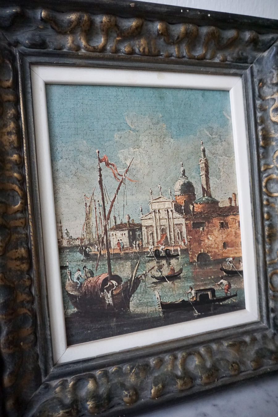 Close-up of the second antique Italian Venetian lithograph, showing the vivid colors and ornate frame.