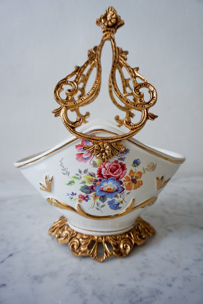 Elegant Floral Porcelain Serving Basket with Gilded Accents