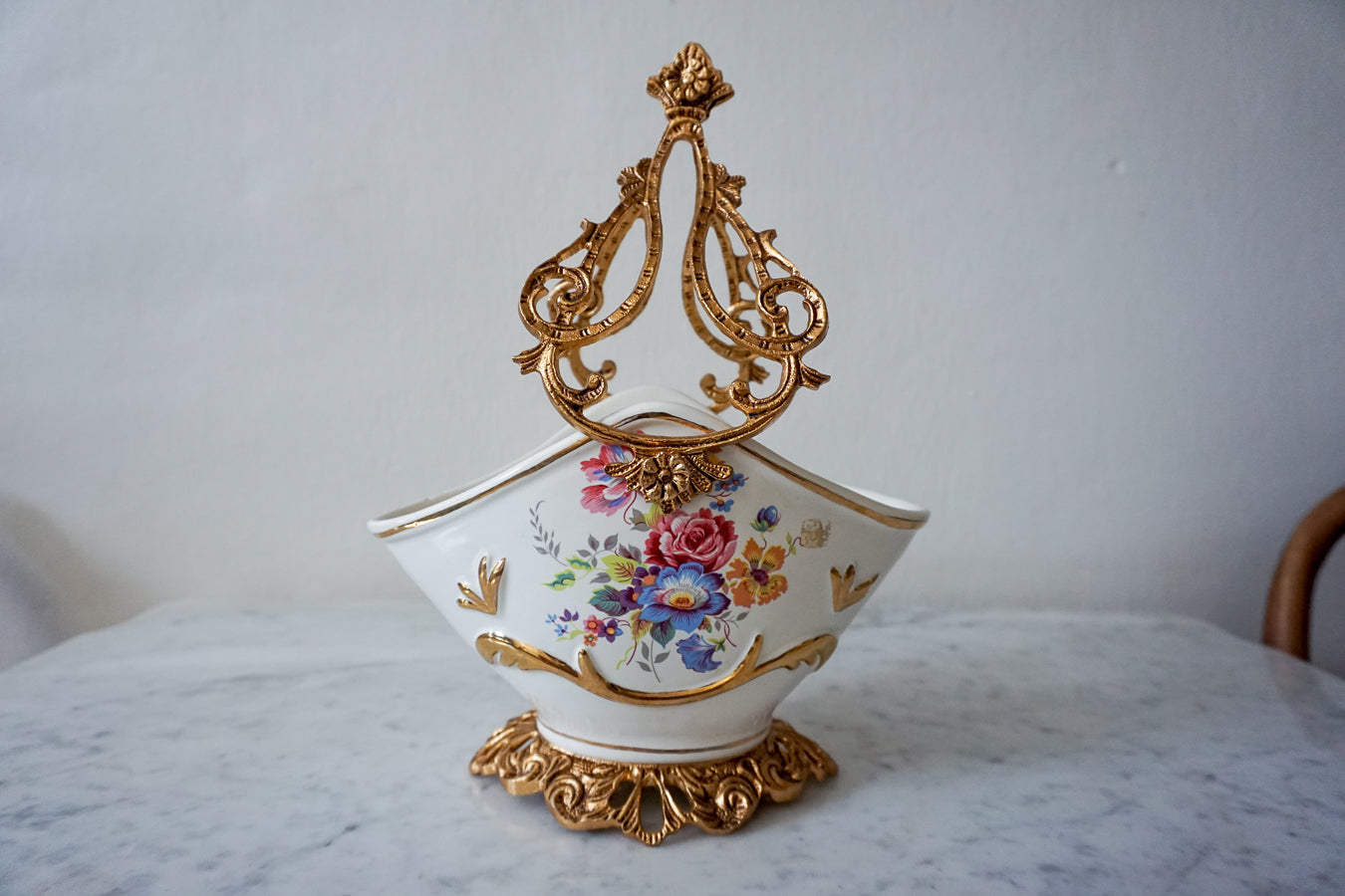 Elegant Floral Porcelain Serving Basket with Gilded Accents