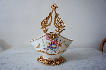 Elegant Floral Porcelain Serving Basket with Gilded Accents