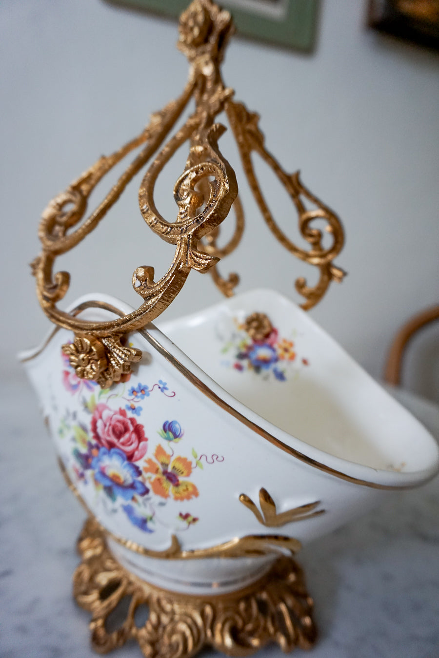 Elegant Floral Porcelain Serving Basket with Gilded Accents