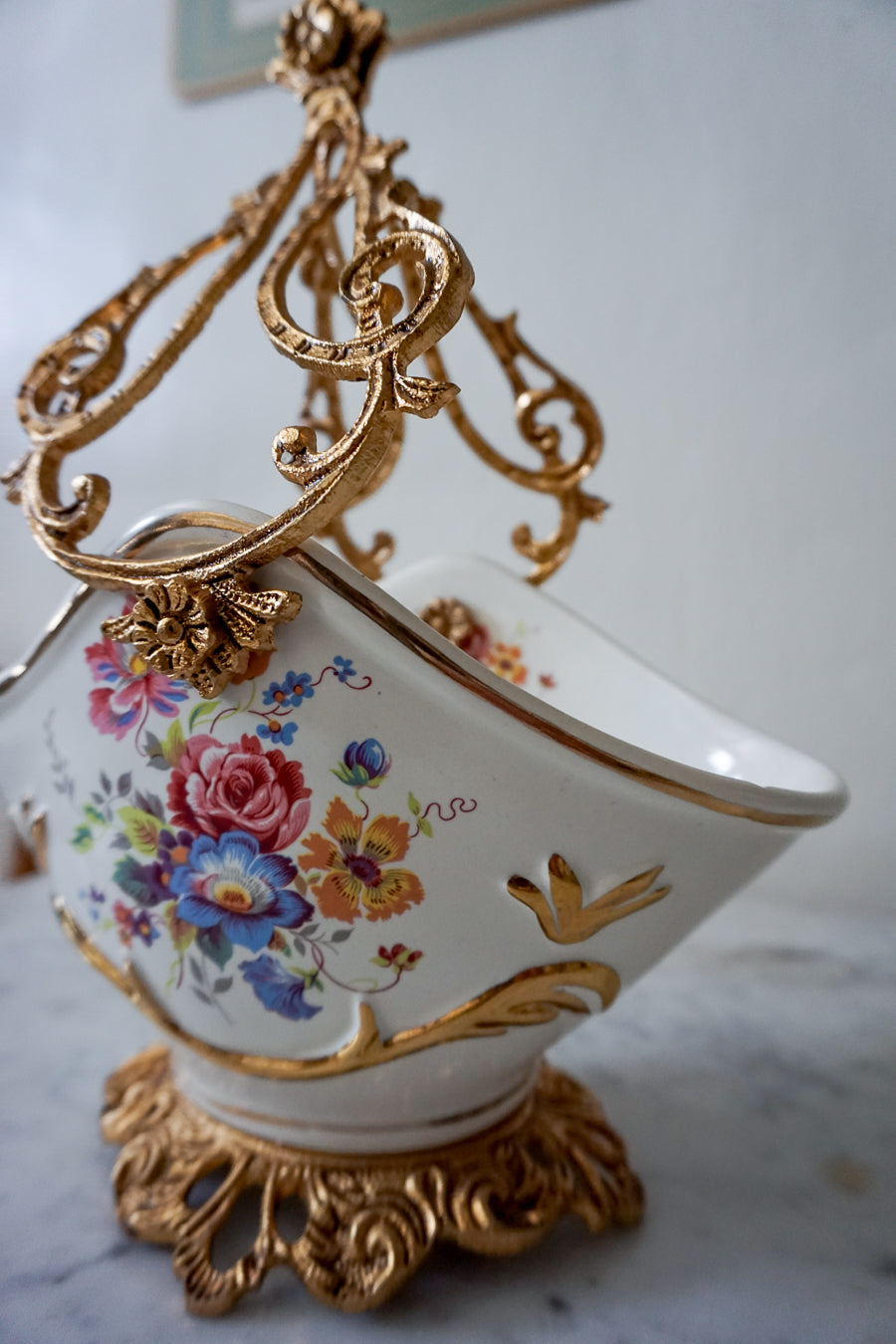 Elegant Floral Porcelain Serving Basket with Gilded Accents