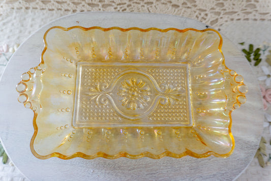 Iridescent Amber Depression Glass Tray