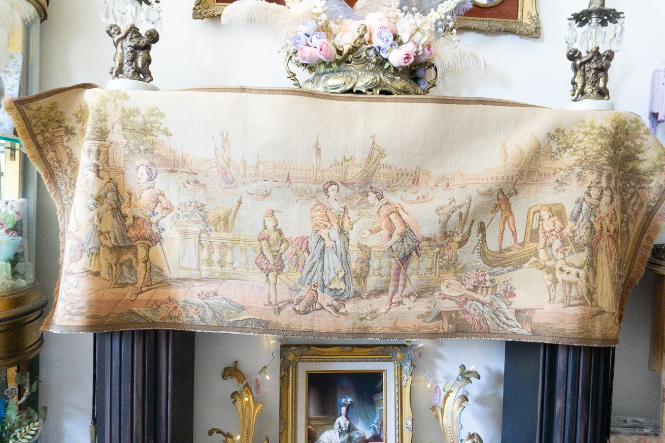 Antique Belgium Woven Venice Scene Tapestry