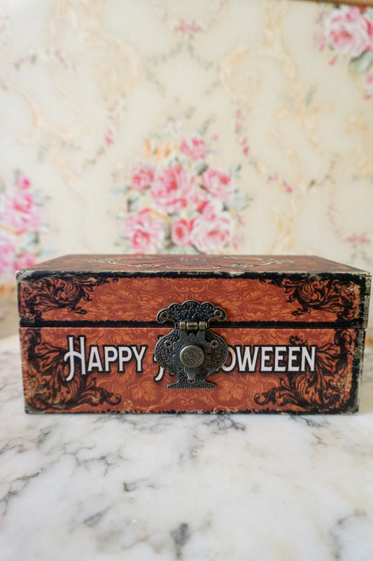 Happy Halloween Decorative Trinket Box with intricate spider design and vintage graphics.