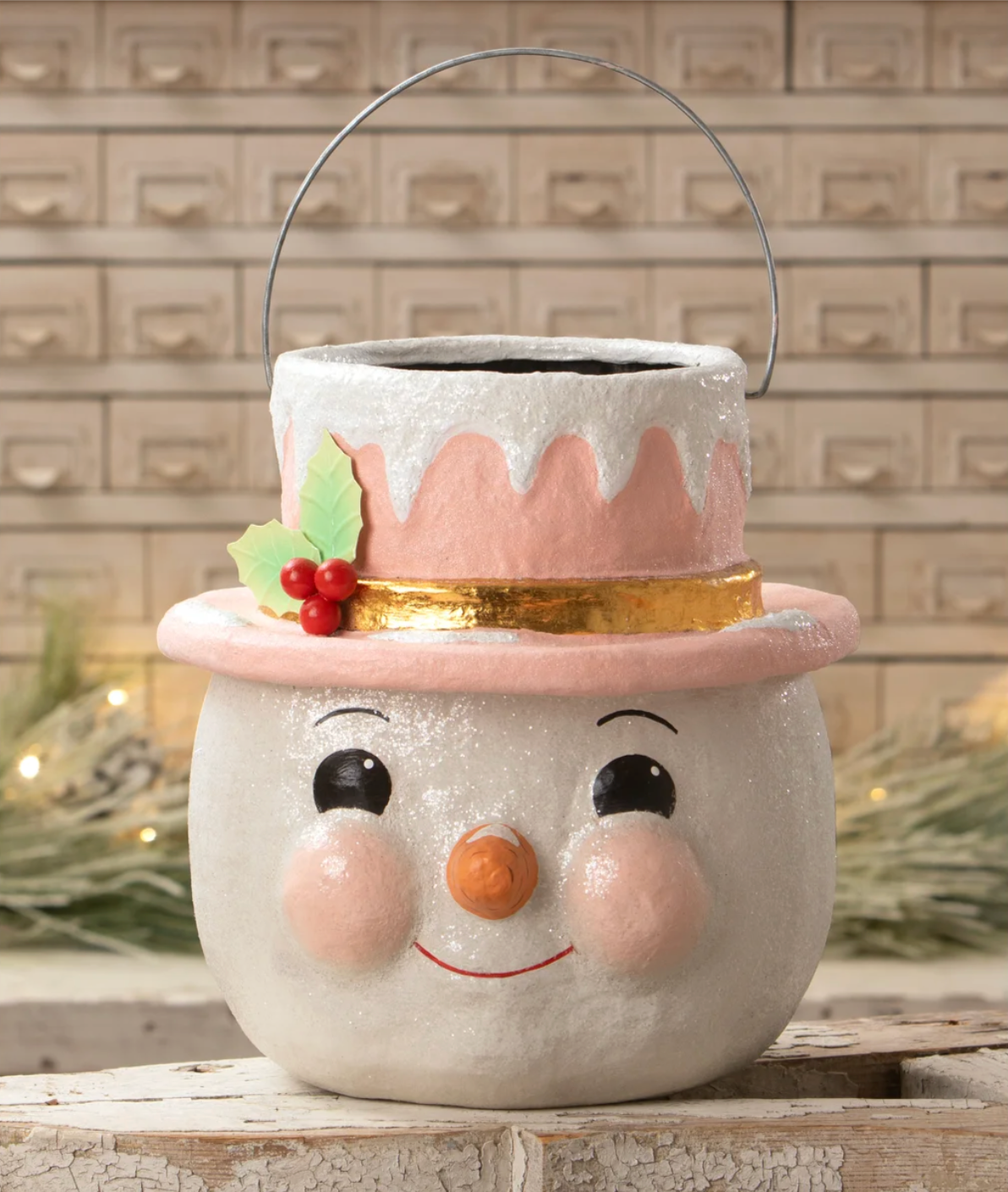 Pastel Holly Hat Snowman - Large