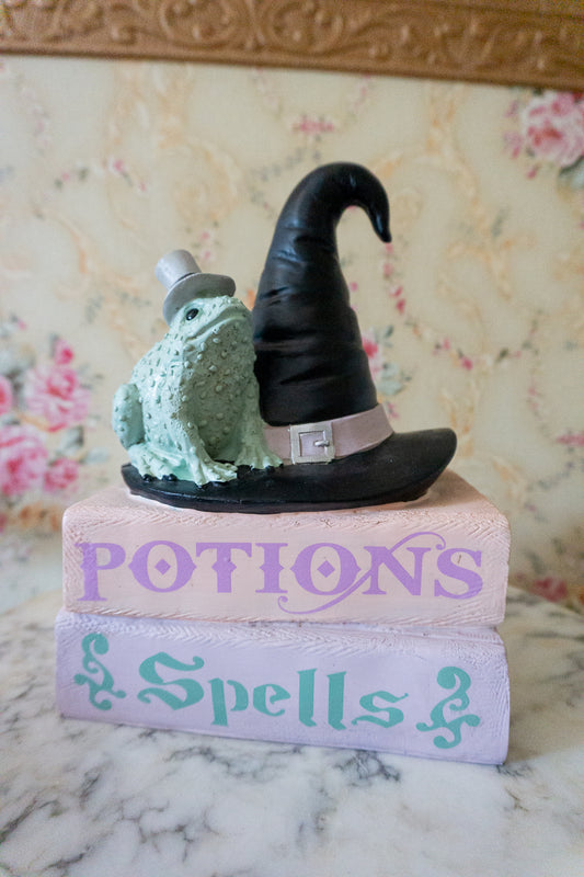 pink spell books frog witch hat halloween decor