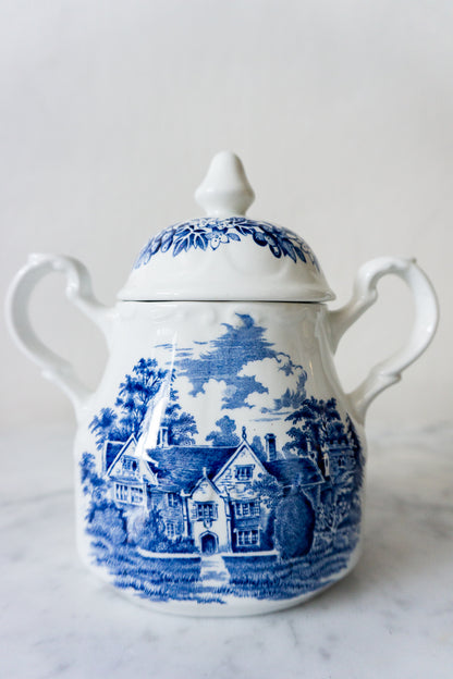 Romantic England Blue and White Creamer and Sugar Bowl Set