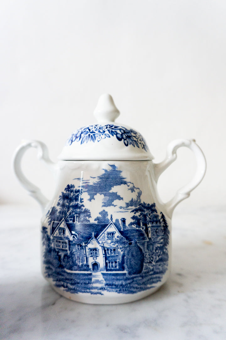 Romantic England Blue and White Creamer and Sugar Bowl Set