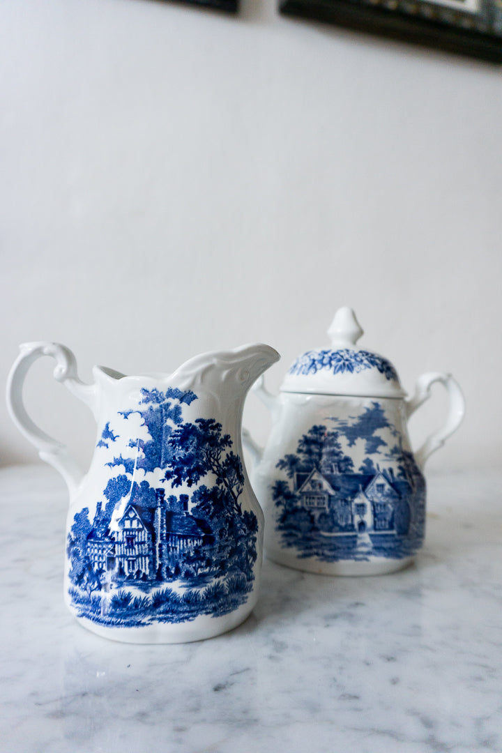 Romantic England Blue and White Creamer and Sugar Bowl Set