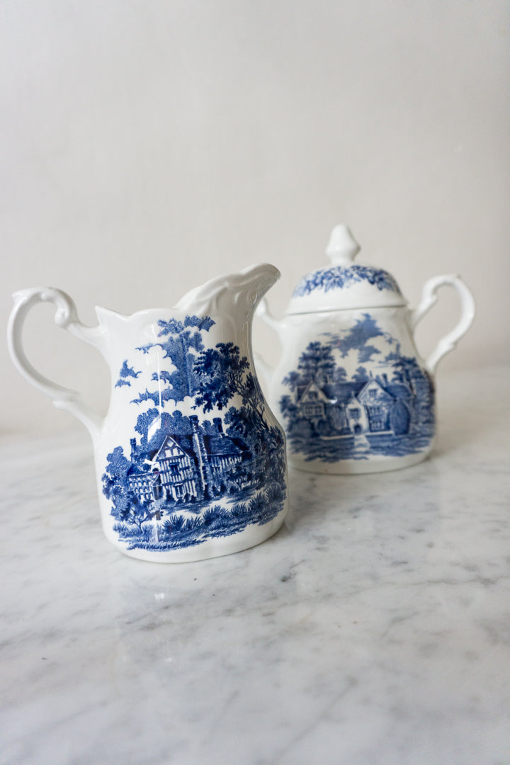 Romantic England Blue and White Creamer and Sugar Bowl Set