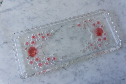 Vintage Glass Vanity Tray with Floral Embossed Design