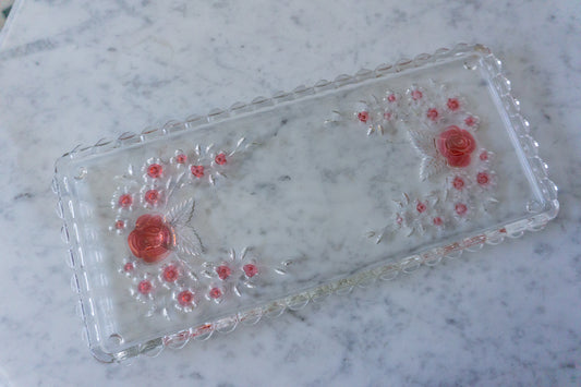 Vintage Glass Vanity Tray with Floral Embossed Design