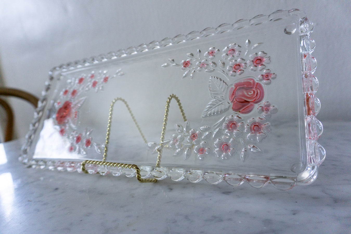 Vintage Glass Vanity Tray with Floral Embossed Design