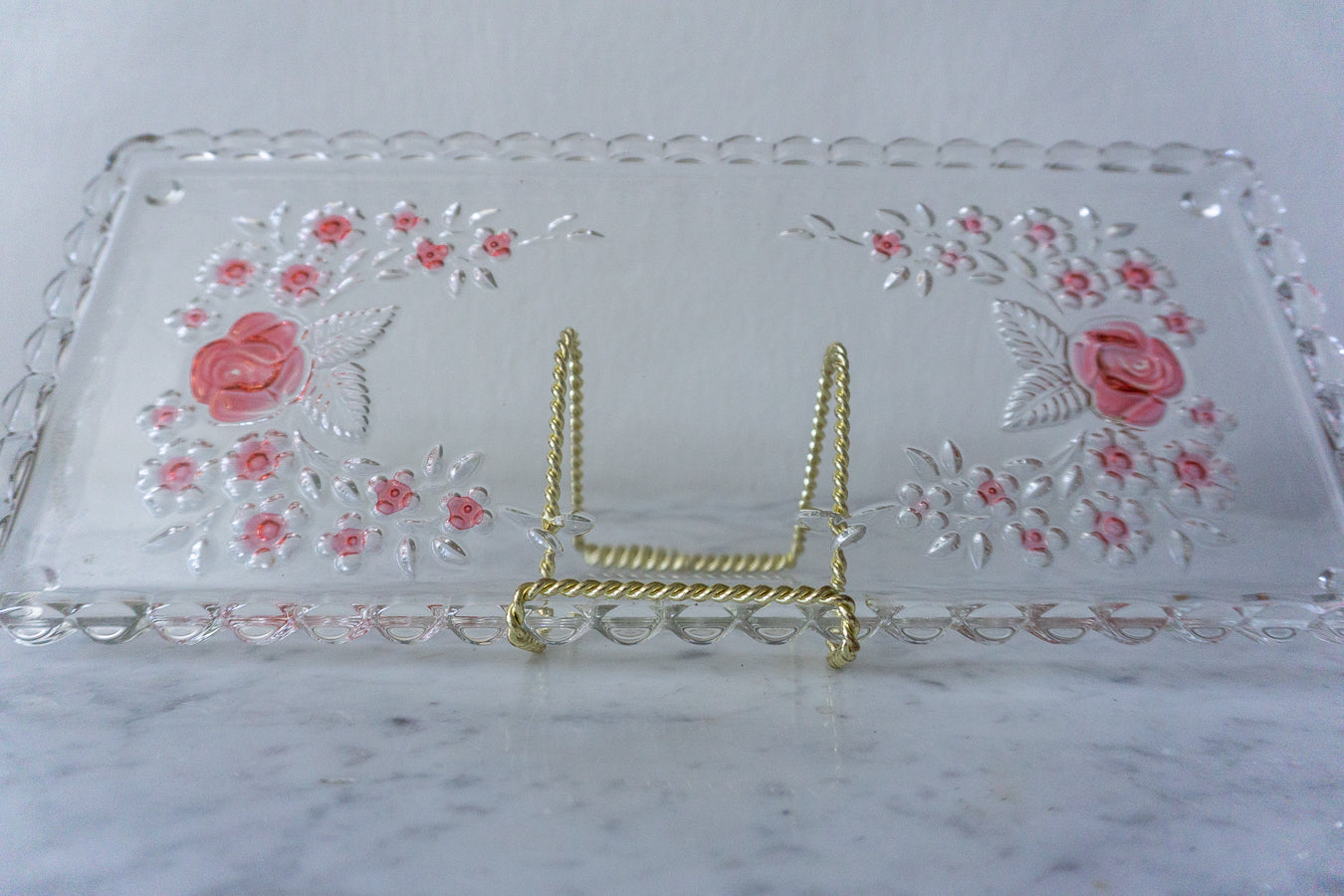 Vintage Glass Vanity Tray with Floral Embossed Design