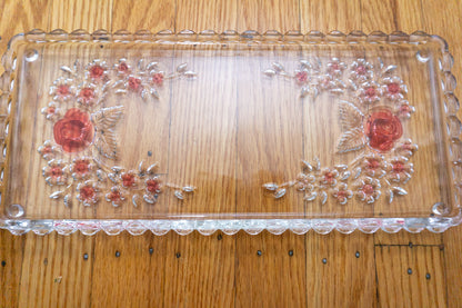Vintage Glass Vanity Tray with Floral Embossed Design