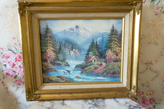 Signed vintage landscape oil painting with gold frame