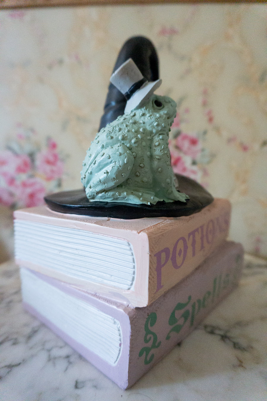 Witch Hat and Frog on Stacked Pink Spell Books