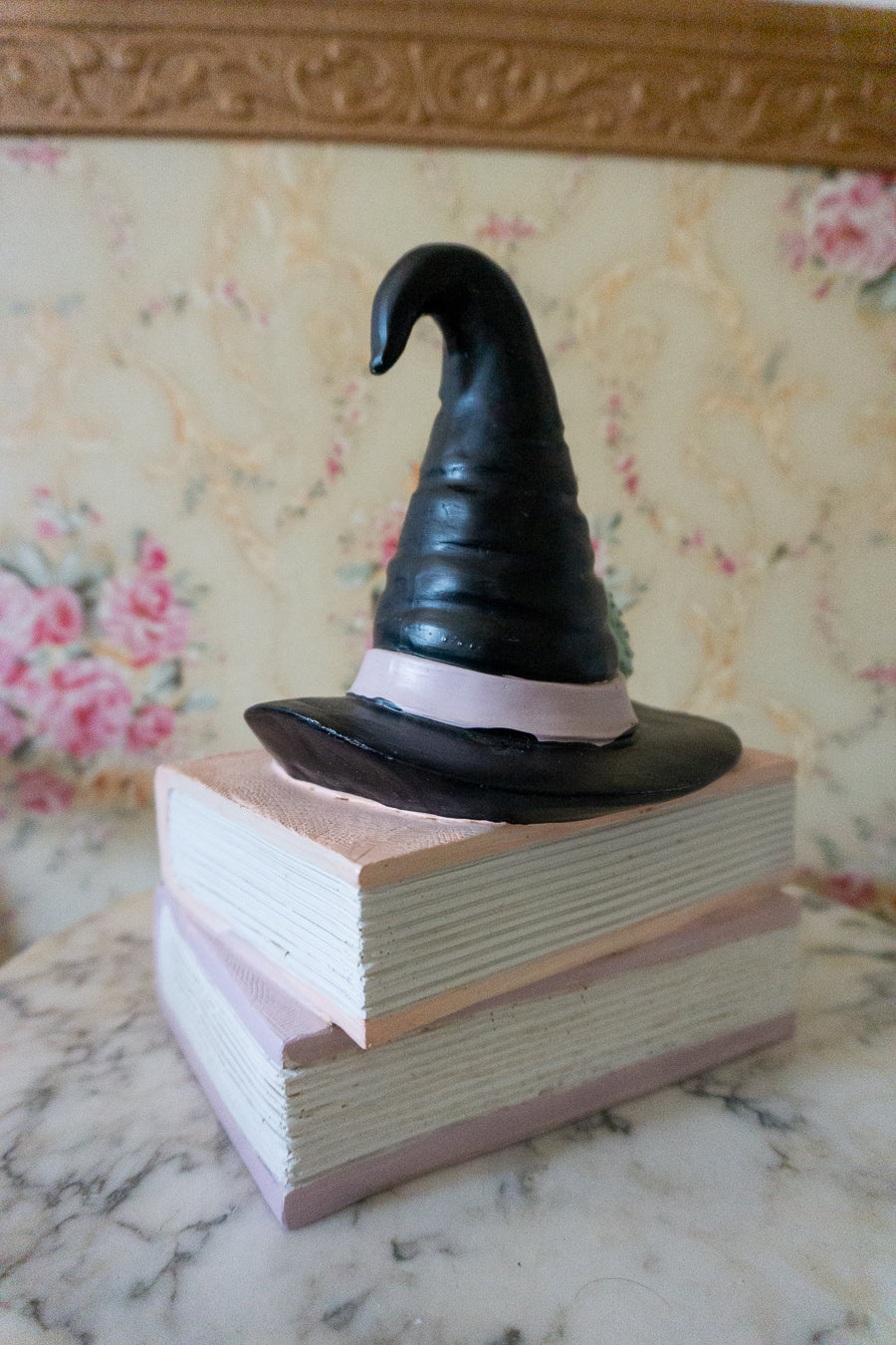 Witch Hat and Frog on Stacked Pink Spell Books