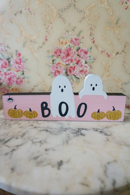 Pastel Pink Ghost Boo Wood Block Tabletop Sign