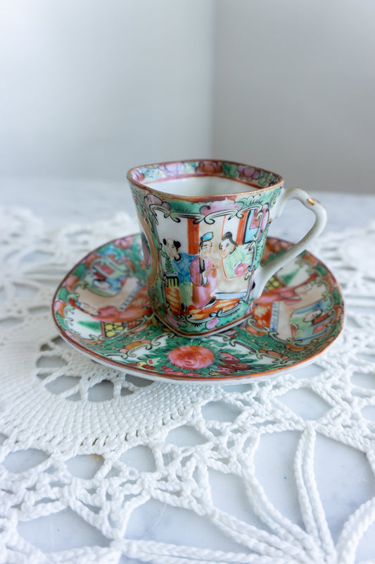 Vintage Chinese Rose Medallion Square Demitasse Cup & Saucer