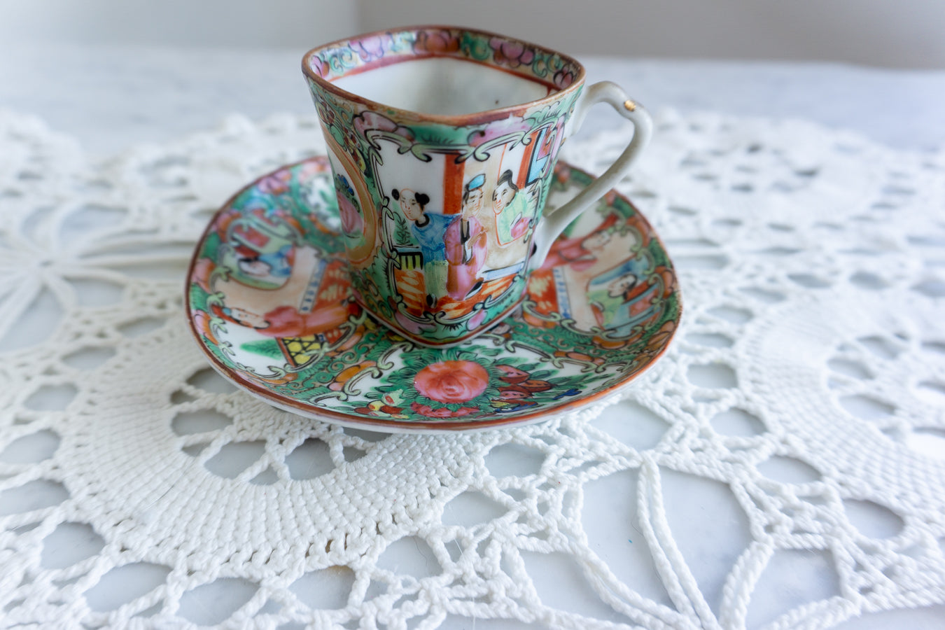 Vintage Chinese Rose Medallion Square Demitasse Cup & Saucer