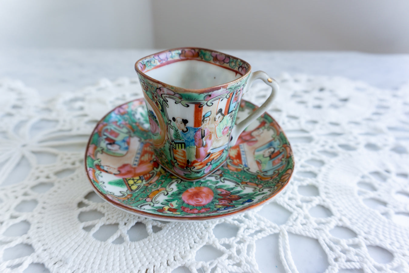 Vintage Chinese Rose Medallion Square Demitasse Cup & Saucer