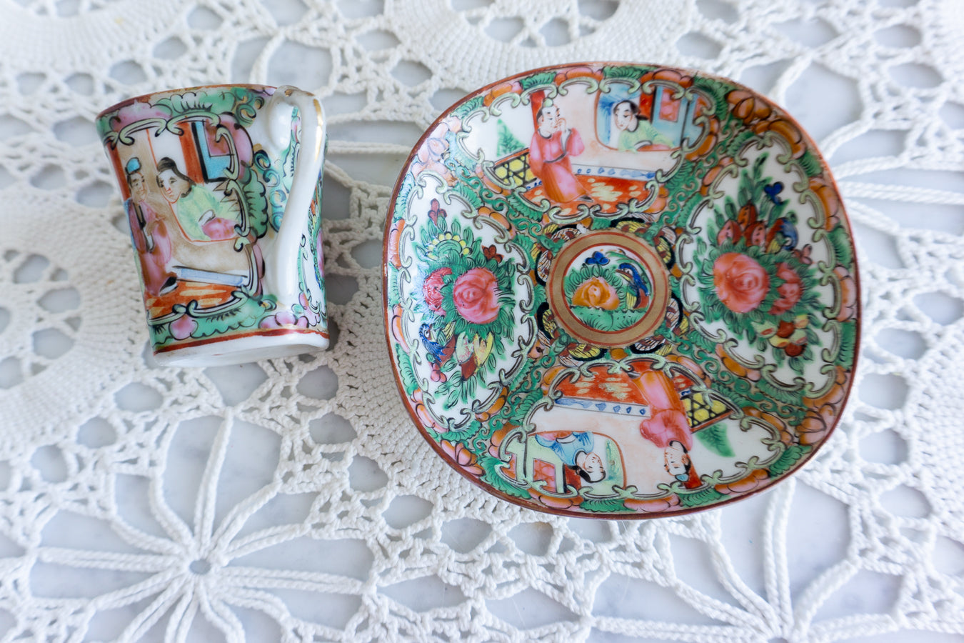 Vintage Chinese Rose Medallion Square Demitasse Cup & Saucer