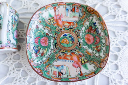Vintage Chinese Rose Medallion Square Demitasse Cup & Saucer