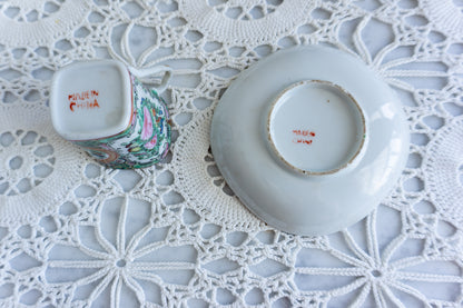 Vintage Chinese Rose Medallion Square Demitasse Cup & Saucer