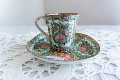 Vintage Chinese Rose Medallion Square Demitasse Cup & Saucer