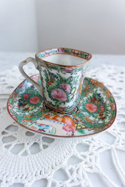 Vintage Chinese Rose Medallion Square Demitasse Cup & Saucer