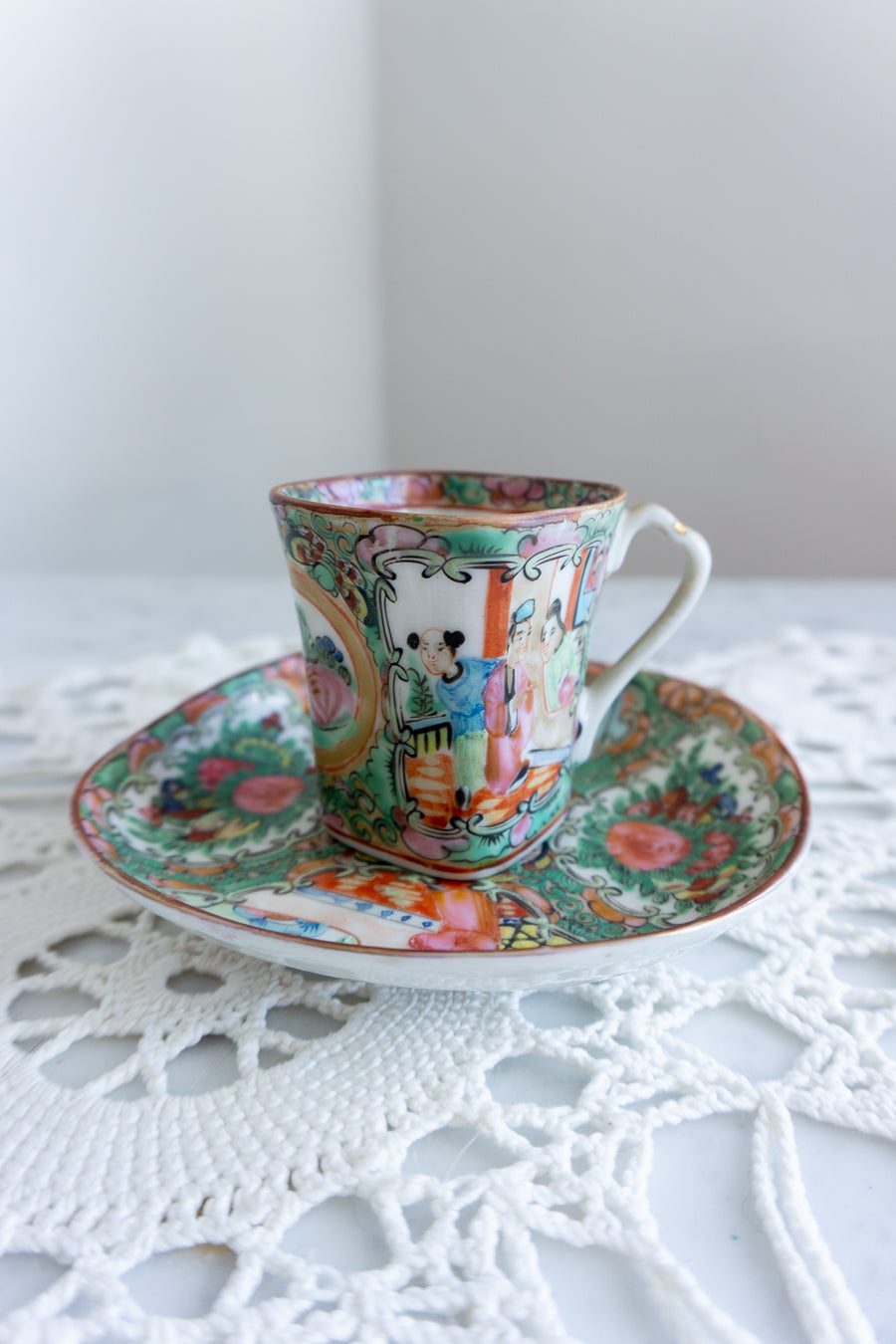 Vintage Chinese Rose Medallion Square Demitasse Cup & Saucer