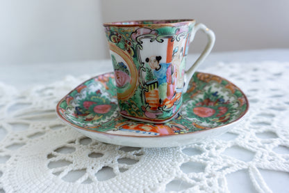 Vintage Chinese Rose Medallion Square Demitasse Cup & Saucer